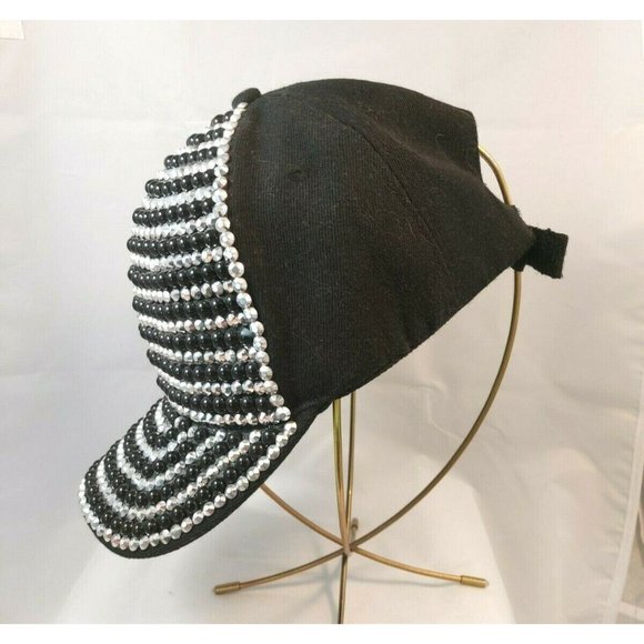 Embellished Jeweled Baseball Hat Cap Black/Silver stripes adjustable strapback - Picture 2 of 9